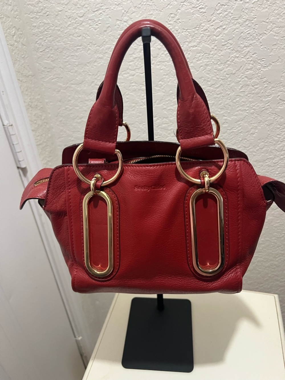 See By Chloe Red Leather Ring-Accent Satchel